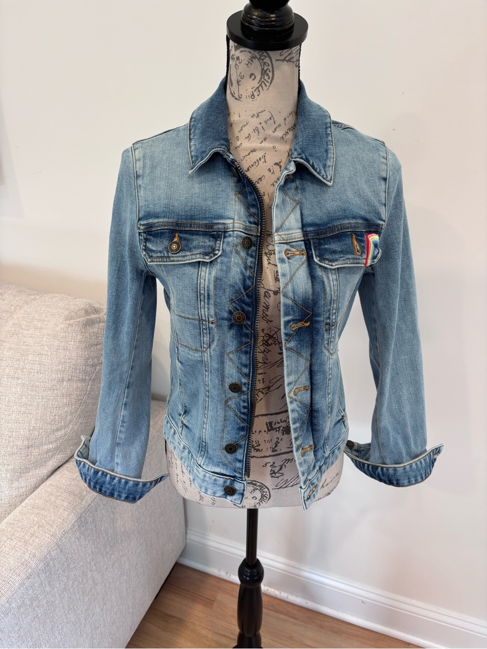 Zadig & Voltaire Washed indigo cotton-blend denim jacket with "LOVE" on back S